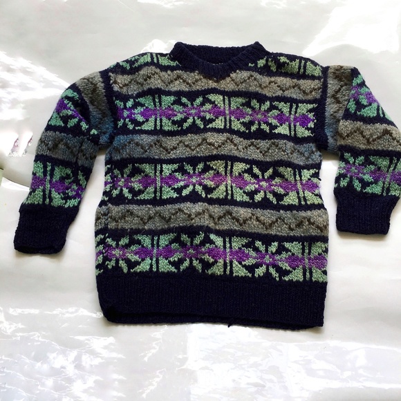 Chunky Wool Hand Knit Equador Fair Isle Sweater Pullover Sz S - M El Sol - Picture 6 of 6